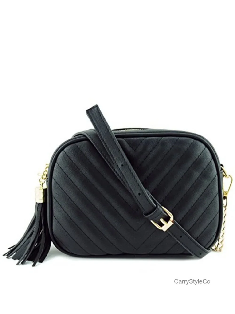 Vegan Faux Leather Crossbody Bag with Gold Chain Tassel Zipper, Adjustable Strap